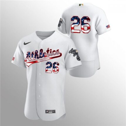 Men's Oakland Athletics #26 Matt Chapman White 2020 Stars & Stripes Flex Base Stitched Jersey