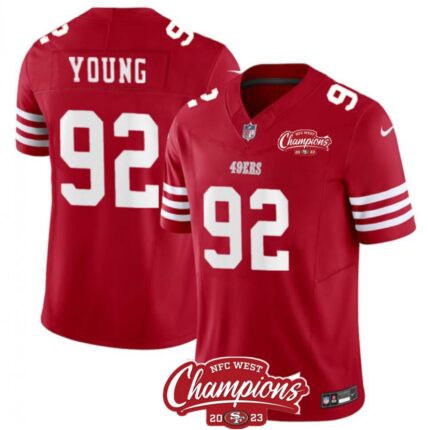 Men's San Francisco 49ers #92 Chase Young Red 2023 F.U.S.E. NFC West Champions Patch Stitched Football Jersey