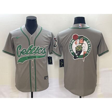 Men's Boston Celtics Gray Team Big Logo With Patch Stitched Baseball Jersey