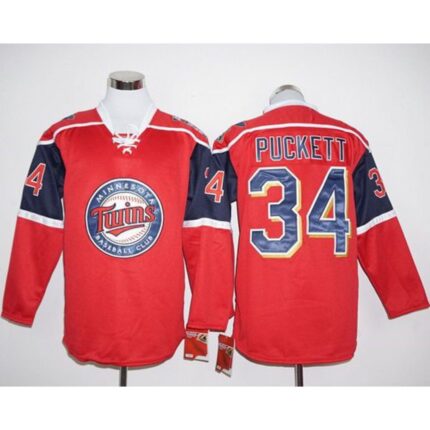Twins #34 Kirby Puckett Red Long Sleeve Stitched MLB Jersey