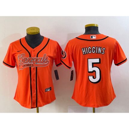 Women's Cincinnati Bengals #5 Tee Higgins Orange With Patch Cool Base Stitched Baseball Jersey(Run Small)