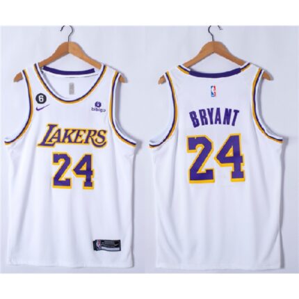 Youth Los Angeles Lakers #24 Kobe Bryant White NO.6 Patch  Stitched Basketball Jersey